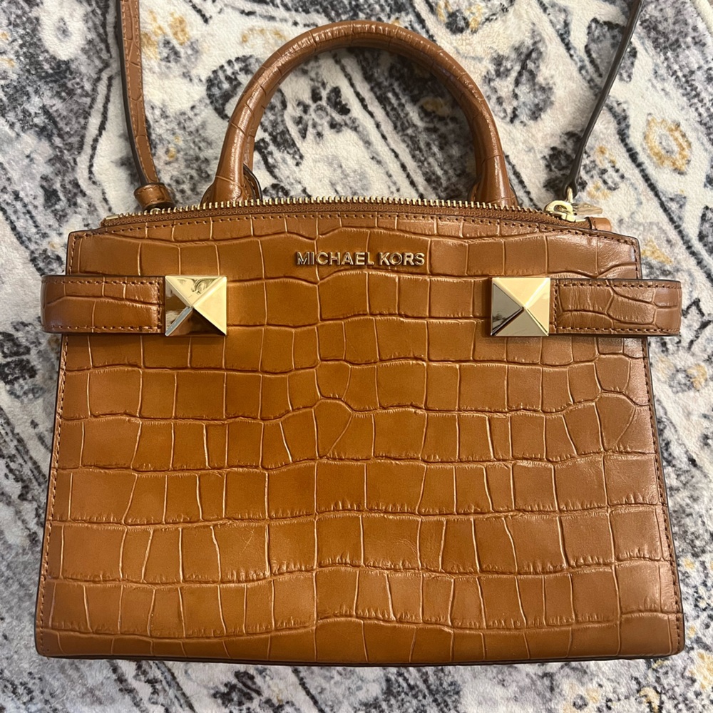 Michael Kors Brown Croc-Embossed Satchel with Gold Accents